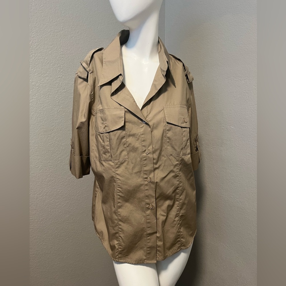 Norma Kamali Plus Women’s Military Kakhi SS Button  Down Shirt  Size 2X